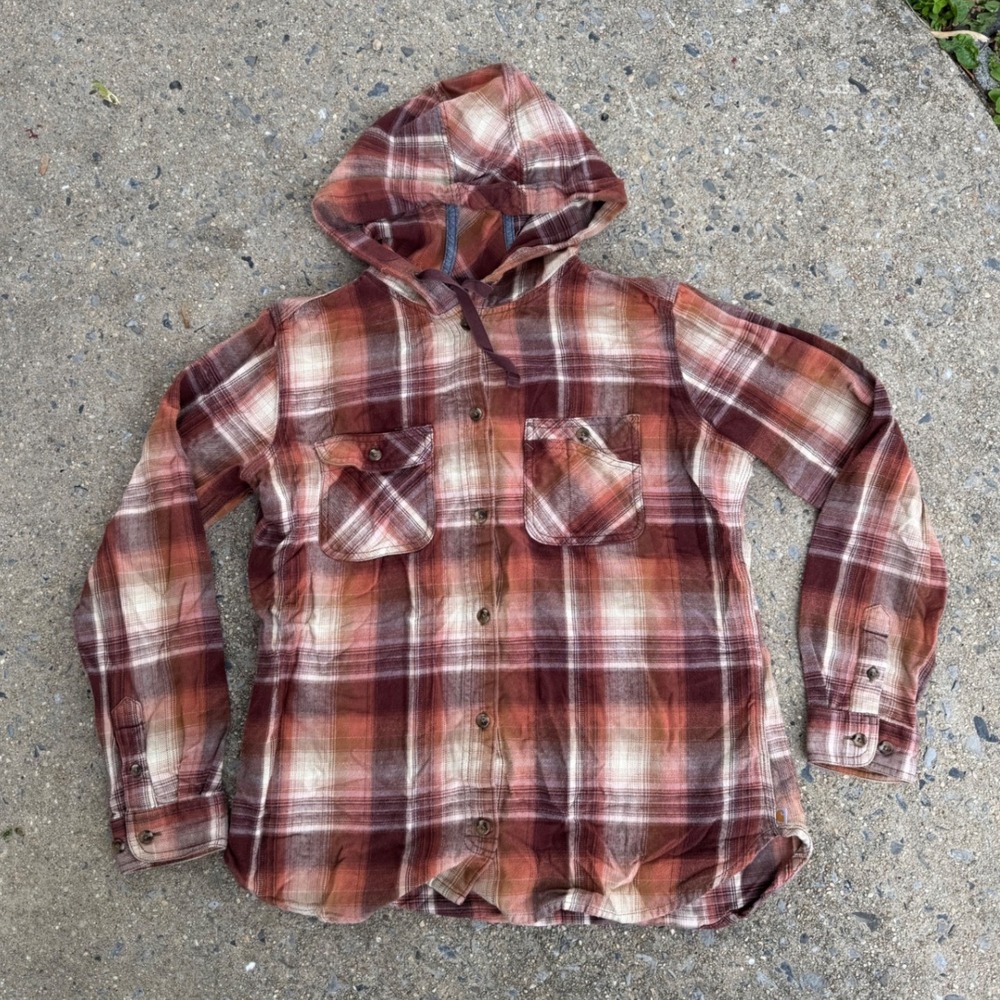 Carhartt Girls Plaid Hooded Flannel Shirt Rust‎ Brown Medium 8/10 103235 224